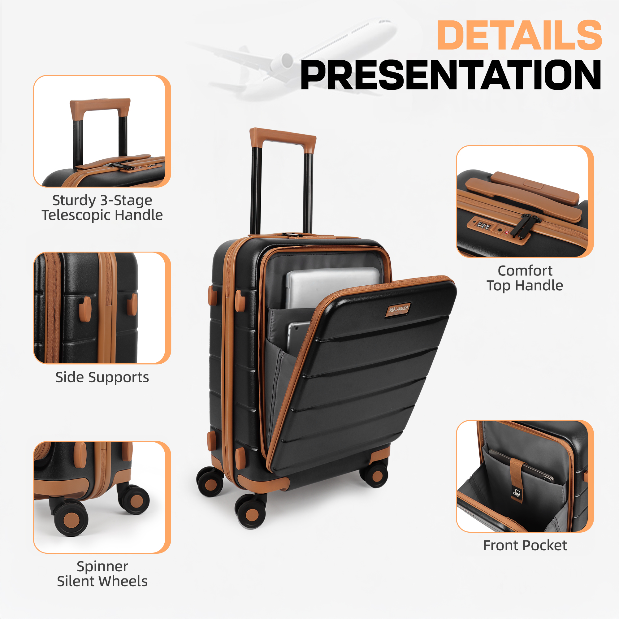 Carry On Luggage 22 x 14 x 9 Airline Approved Lightweight Hardside Spinner Luggage with TSA Lock and Laptop Compartment, Black, CY2431