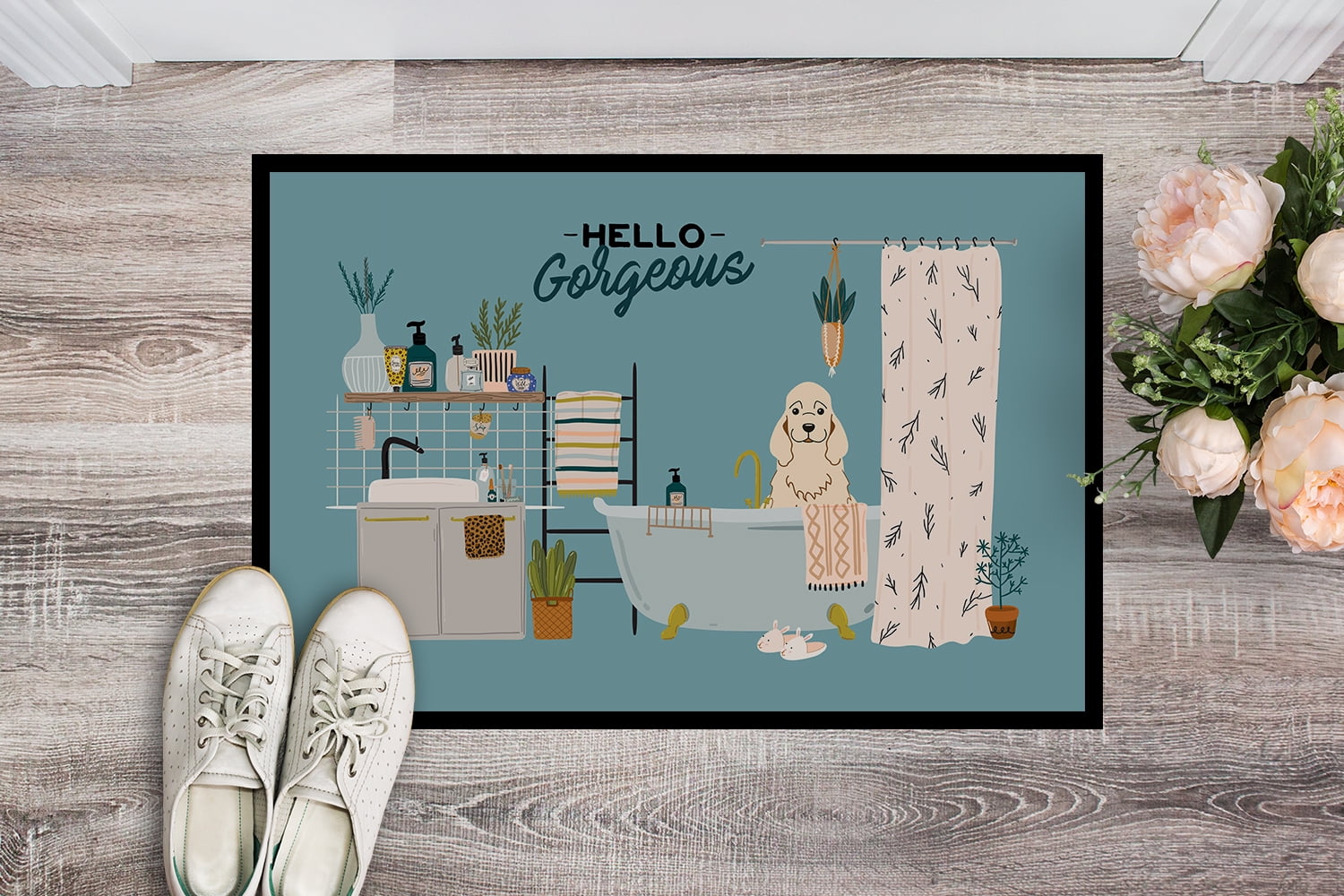 Buff Cocker Spaniel in Bathtub Door Mat