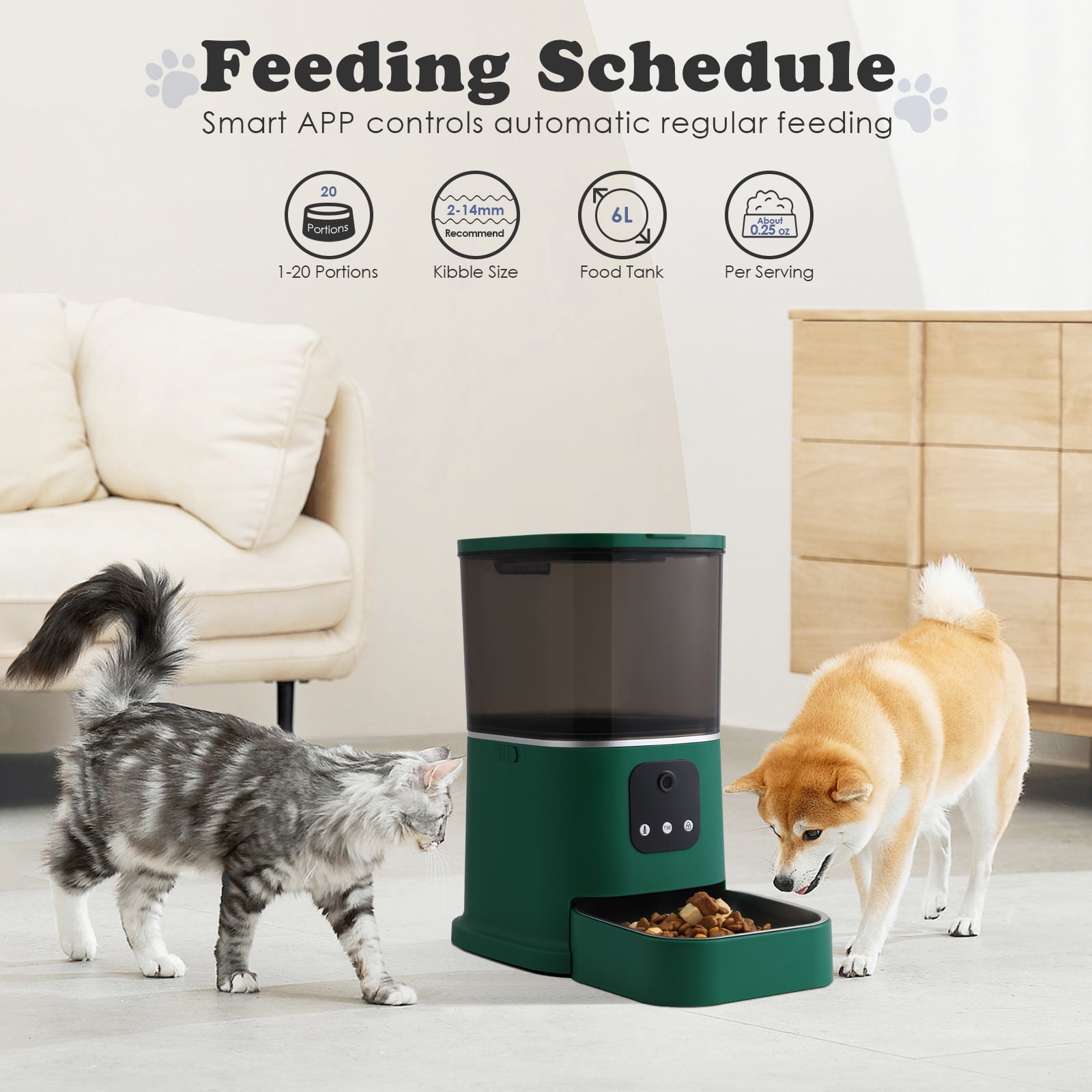 Automatic Pet Feeder with Camera, 2.4G WiFi APP Control, Timed Feeding, 6L Capacity for Cats and Dogs, Green