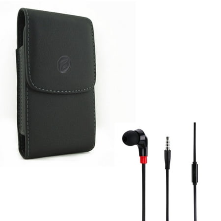 Black Vertical Leather Phone Case w Flat Wired Headset MONO Handsfree Earphone Mic Q2A for Alcatel Avalon V, REVVL 2, Idol 5S 5, 1x Evolve - ASUS Zenfone 3 Max 2E - Blackberry Key2, KEYone, LE