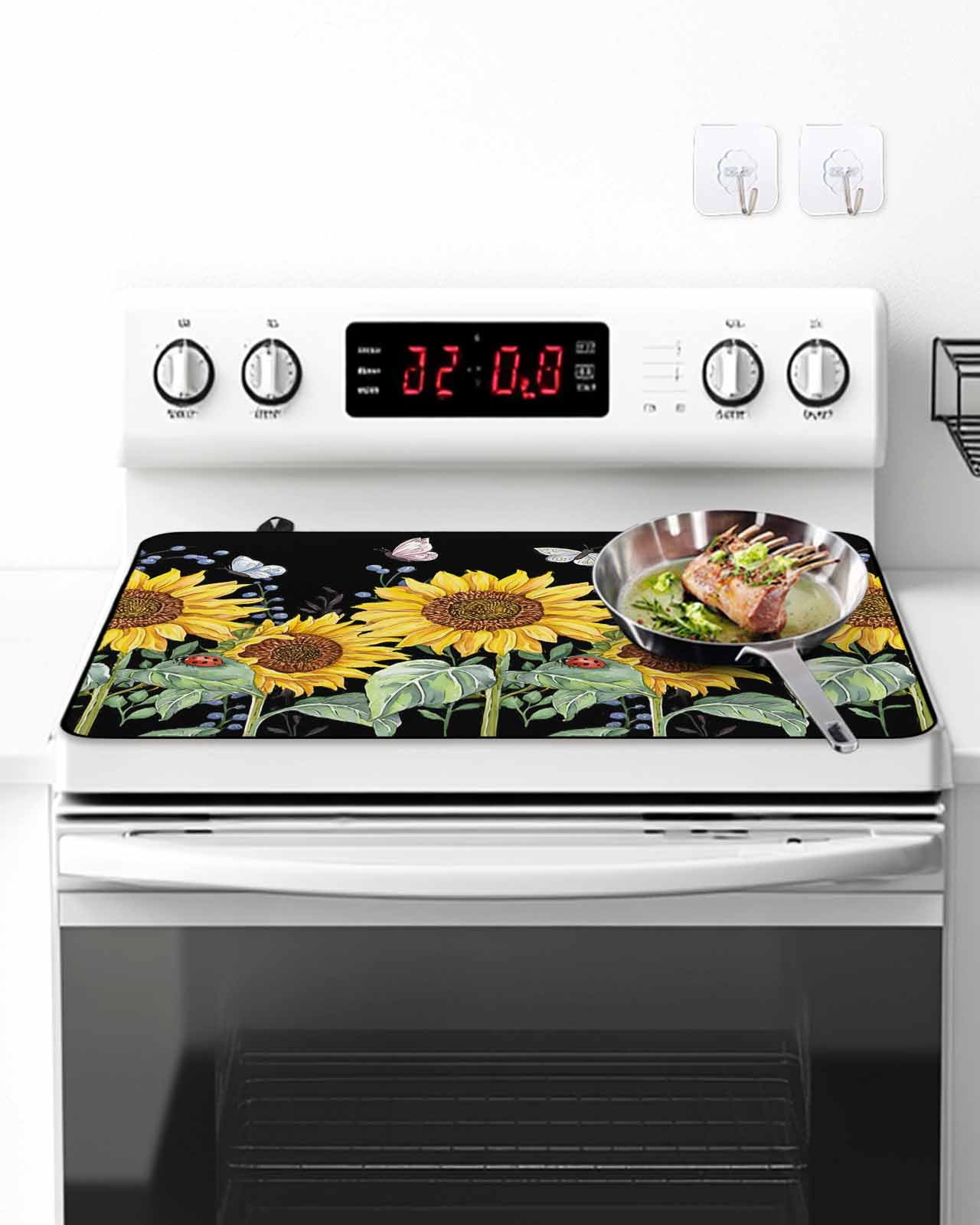 Stove Top Covers for Electric Stove, Sunflowers Glass Stovetop Cover Protector, Botanical Watercolor Butterfly Plant Induction Cooktop Protector Oven Mat for Kitchen Countertop 24"x21"