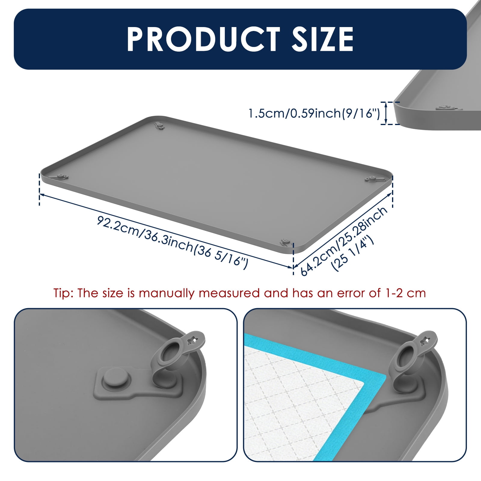 Pee Pad Tray Holder for Dogs - Fits Up to 36.3x25.28 in. Square Potty Training Pads No Spill Raised Lip High Edge Silicone Mat, Extra Thick and Non-Slip for Indoor Floor Protection (L, Grey)