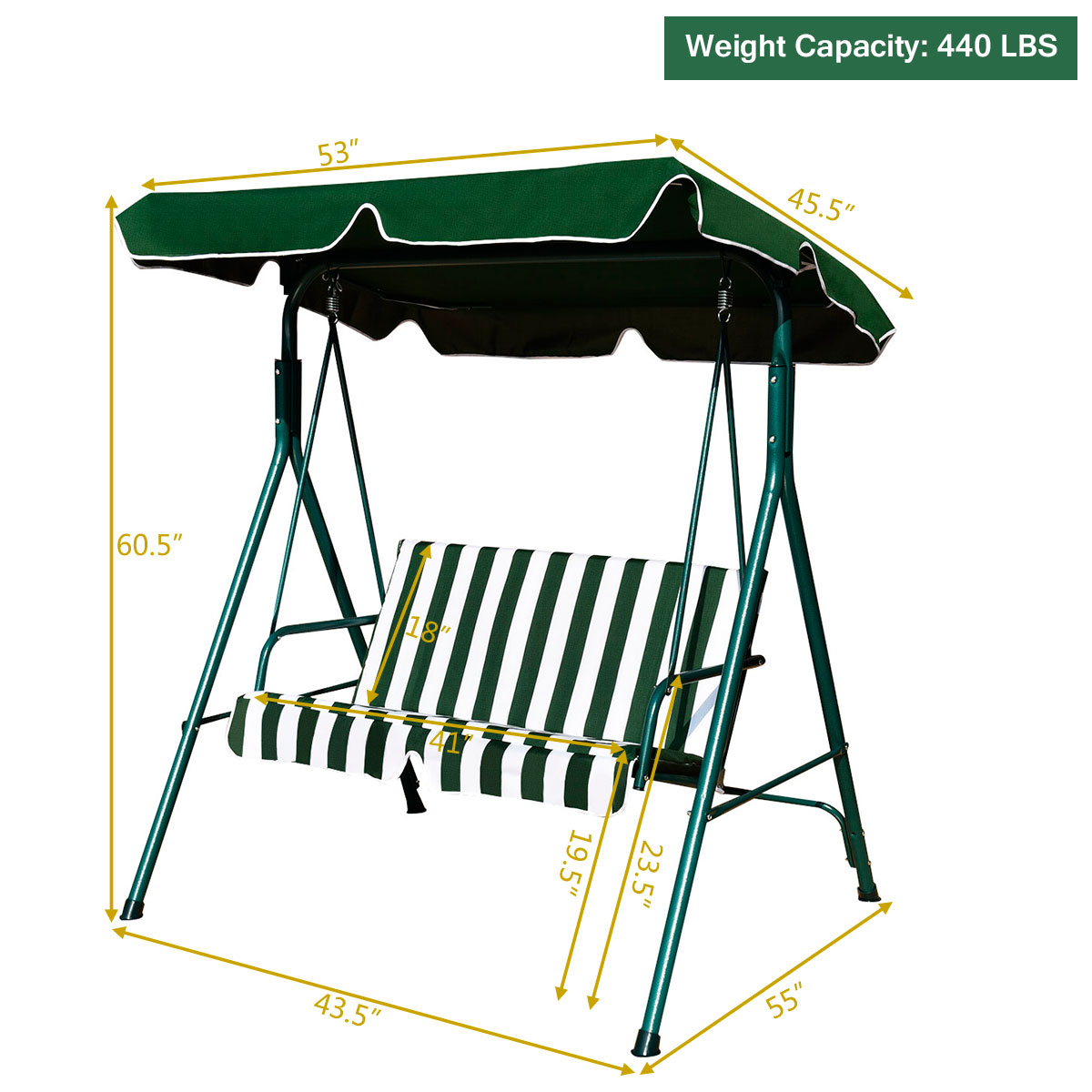 Costway Loveseat Patio Canopy Swing Glider Hammock Cushioned Steel Frame Outdoor Green - image 2 of 7