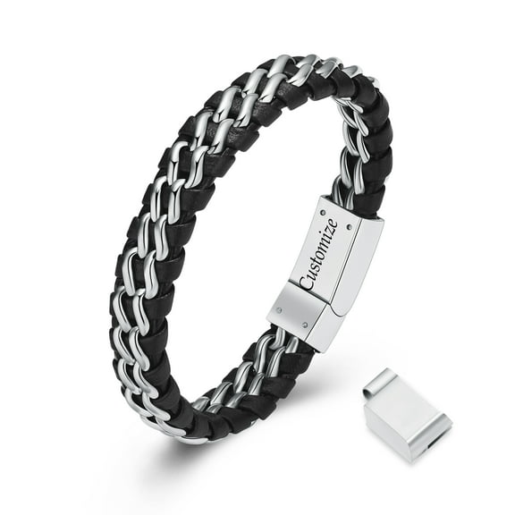 Personalize Stainless Steel Braided Leather Bracelet Memorial Funeral Urns Bracelet for Cremation Ashes Keepsake Jewelry with 1cm Extension Clasp