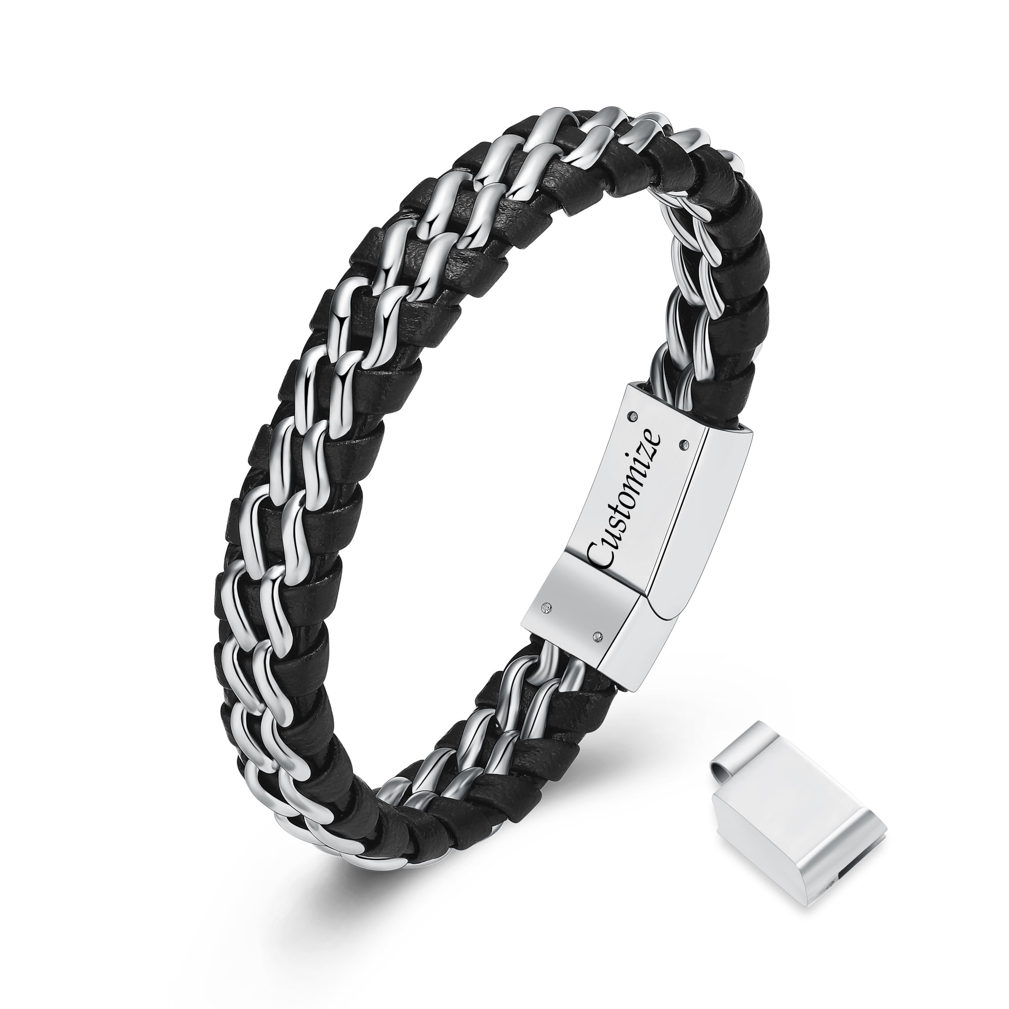 Personalize Stainless Steel Braided Leather Bracelet Memorial Funeral Urns Bracelet for Cremation Ashes Keepsake Jewelry with 1cm Extension Clasp