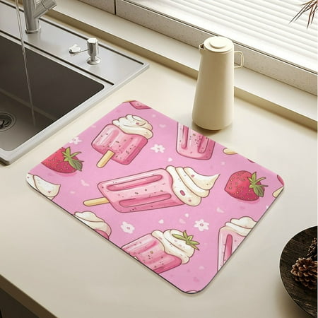 

Wobogo Strawberry Ice Cream Pattern Dish Drying Mats Diatomaceous Earth Super Absorbent Non-slip Rubber Sole 23.6×19.7in
