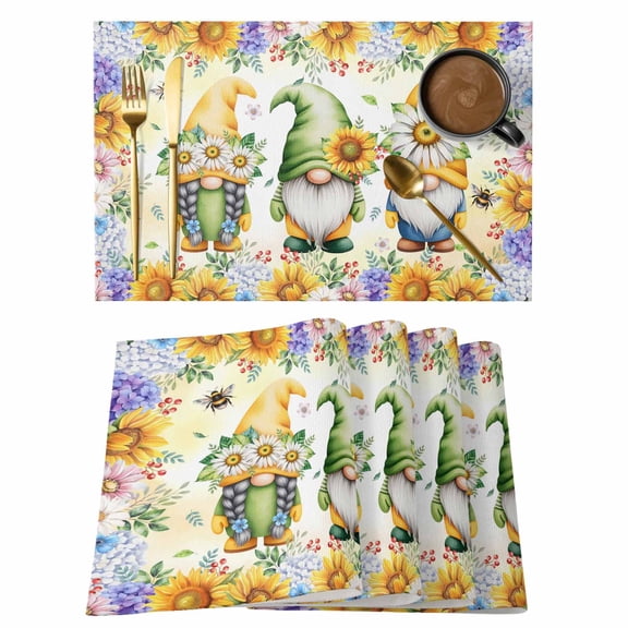 Yellow Sunflowers Placemats Set of 6, Spring Gnomes Hydrangea Daisy Plants Placemats for Dining Table, Place Mats for Kitchen Tabletop, Waterproof Wipeable Dining Table Mats Set