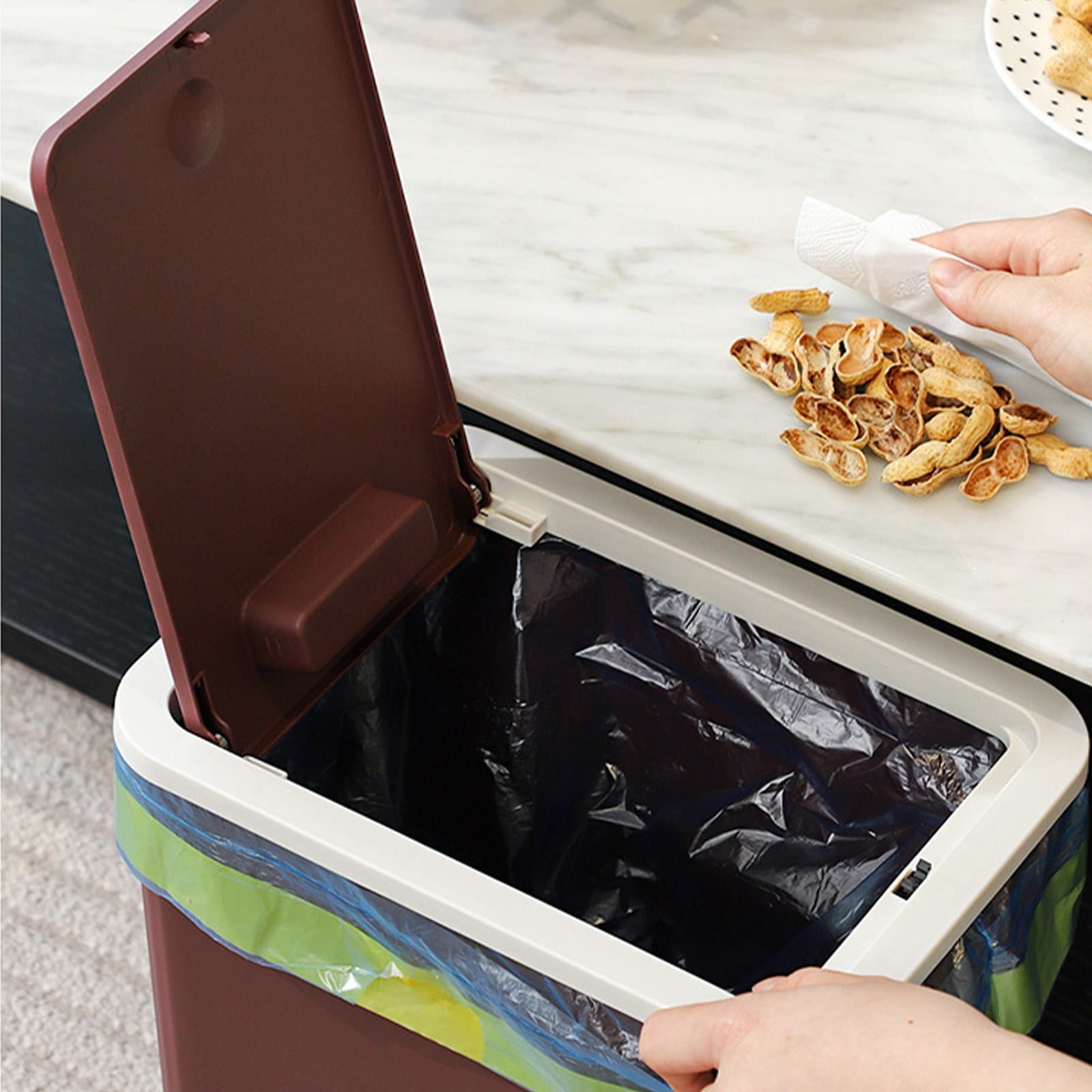 Bwiyojiz Storage & Organization 12x10.03x7.28" Bathroom Trash Can with Lid Garbage Press Plastic Wastebasket Popup for Toilet Office Bedroom Living Room, Gifts for Women, Brown