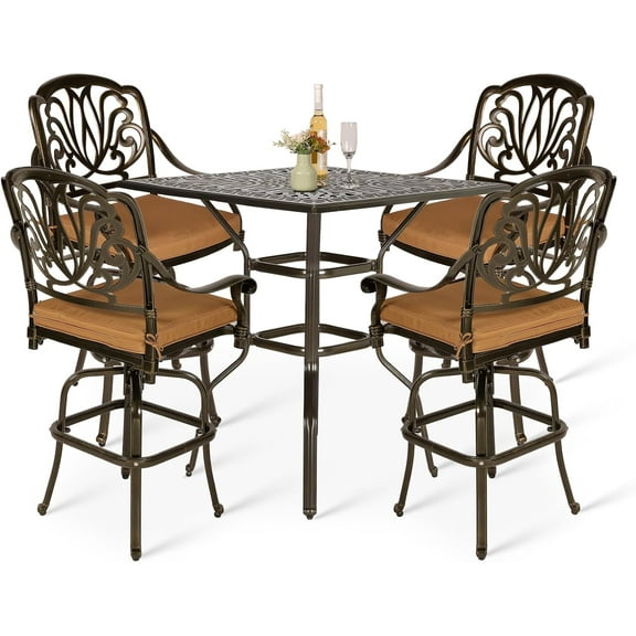 VIVIJASON 5-Piece Bar Height Patio Dining Set, All Weather Cast Aluminum Outdoor Table and Chairs Set with 4 Swivel Bar Stools, Cushions & 35.4" High Bar Table w/Umbrella Hole for Deck, Lawn, Garden