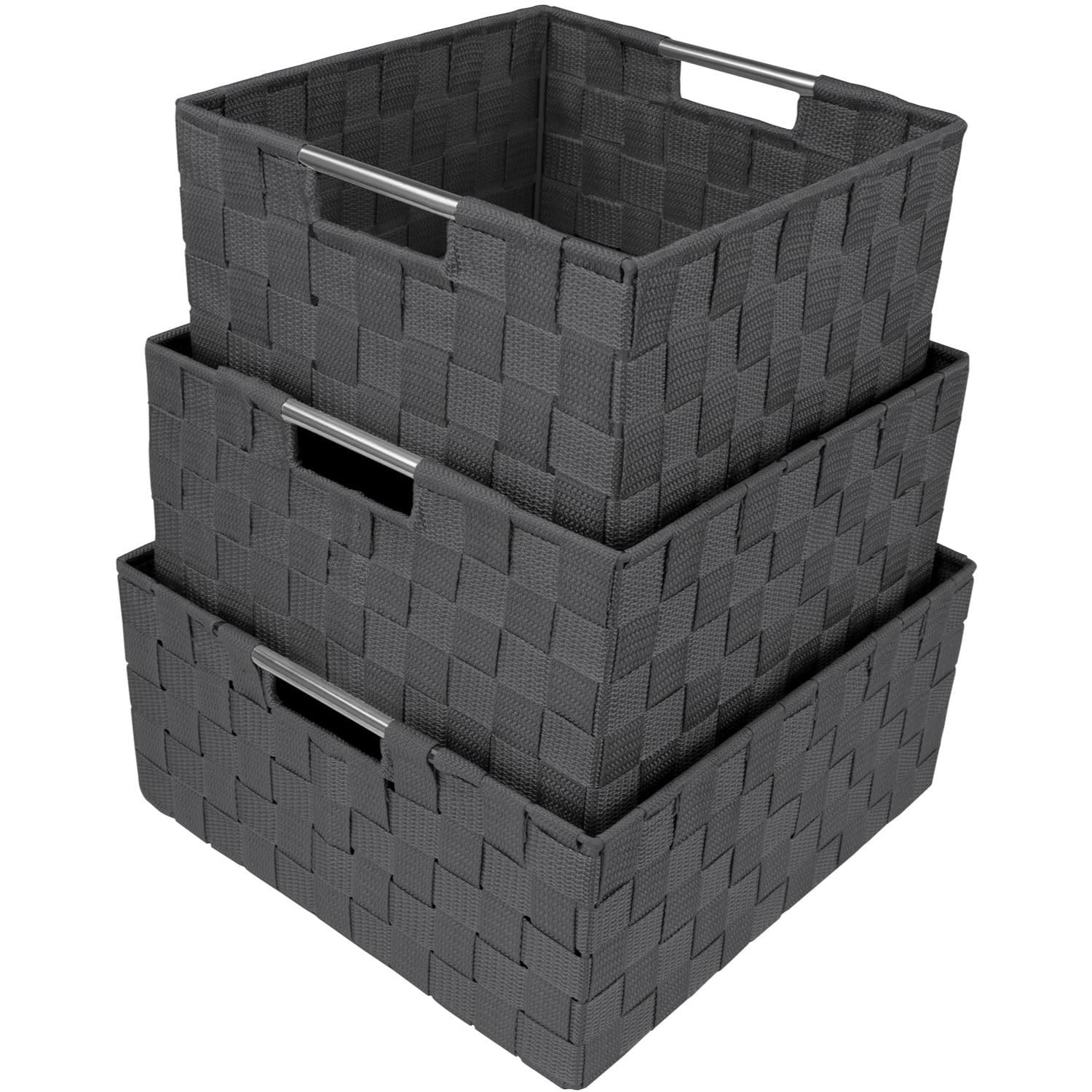 Sorbus 3 Piece Woven Storage Basket Set, Stackable Cube Bins with Handles, Gray Organizer Totes