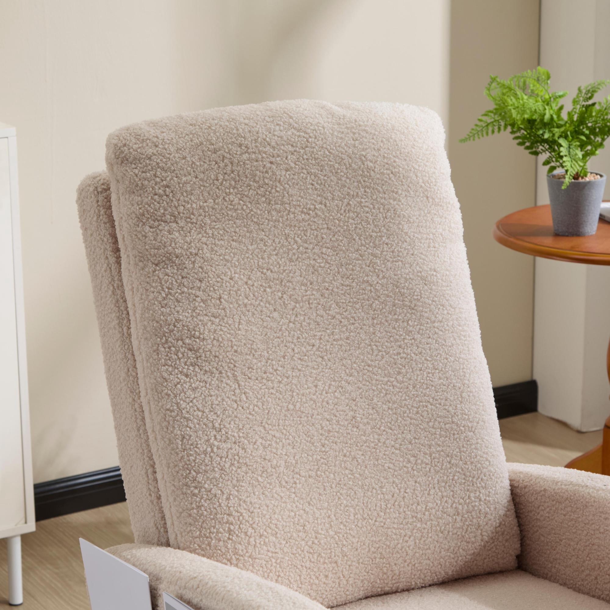 Leumius Rocking Chair Nursery with Footrest, Teddy Fleece Upholstered Glider Rocker Chairs w/ Curved Solid Wood Base & Side Pocket,Modern High Backrest Nursing Accent Rockers for Living Room, Bedroom