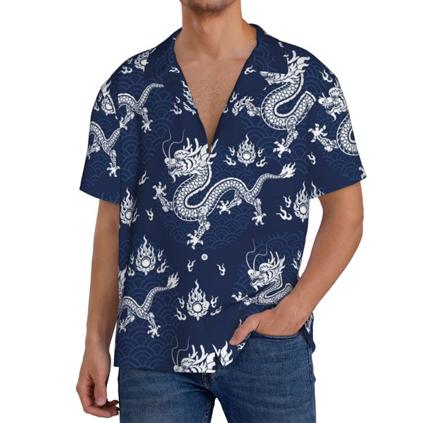 Fotbe Dragon Camisa Estampada de Manga Corta para Hombre, Casual de Verano, Estilo Playero, Sin Arrugas-Large