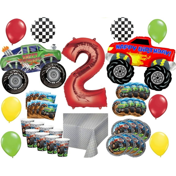 Monster Truck Rally 2nd Birthday Party Supplies 16 Guest Decoration Kit with Green and Red Monster Truck Balloon Bouquet