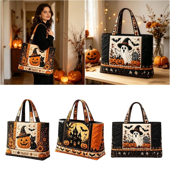 Quilted Tote Bag for Women Halloween Bags Vintage Pumpkin Print Handbag, Large Capacity Shoulder Bag Halloween Handbag for Work Travel Daily(Orange)