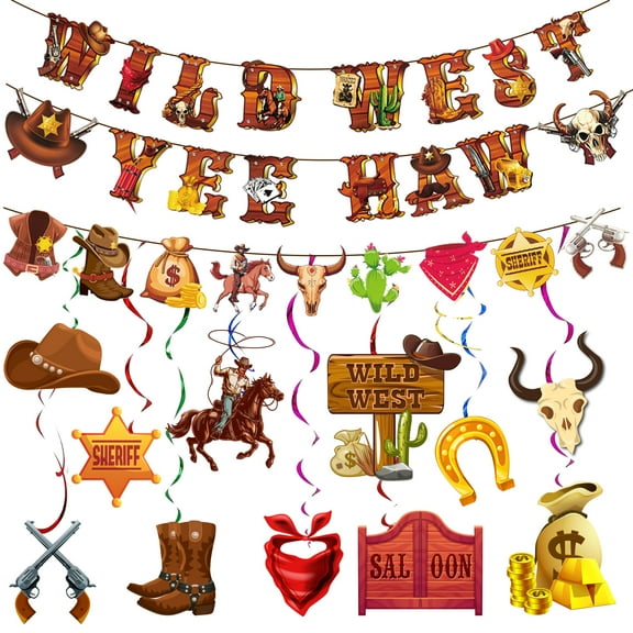 Western Cowboy Party Decorations, 13pcs Cowboy Theme Party Decorations Set Including Wild West Hanging Swirls   Western Cowboy Happy Birthday Banner etc Western Birthday Party Decorations