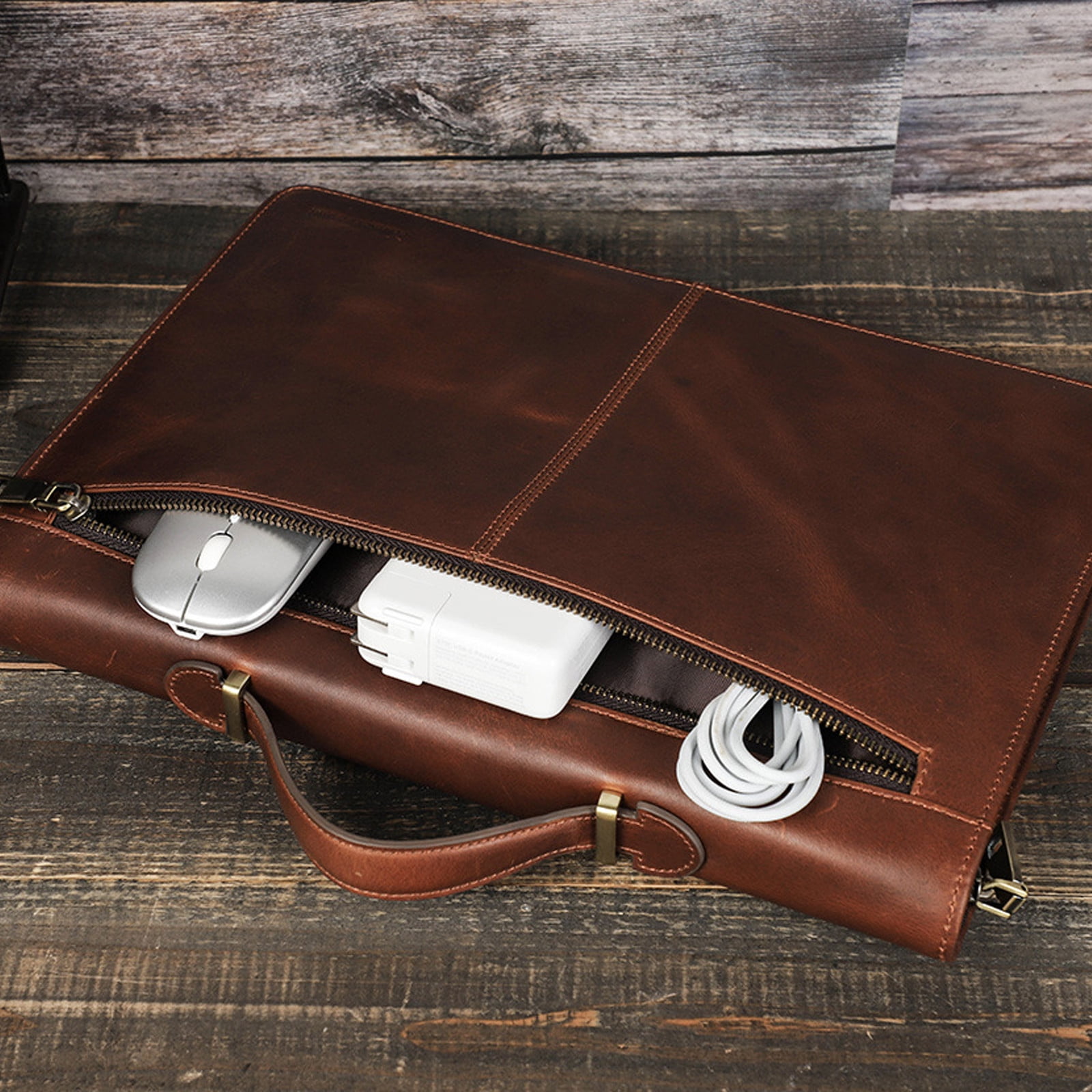 Leather Laptop Bag Folio Case for MacBook Pro 13.3 Inch – Crazy Horse Cowhide with Zipper Closure, Notebook & Pen Holder