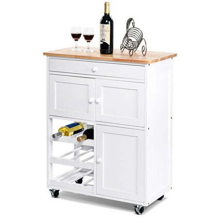 gymax modern rolling kitchen cart trolley island storage cabinet  w/drawer&wine rack