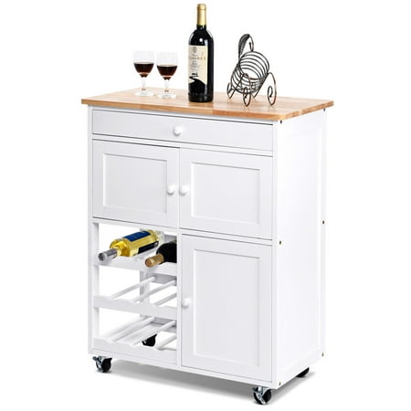 Gymax Modern Rolling Kitchen Cart Trolley Island Storage Cabinet w/Drawer&Wine