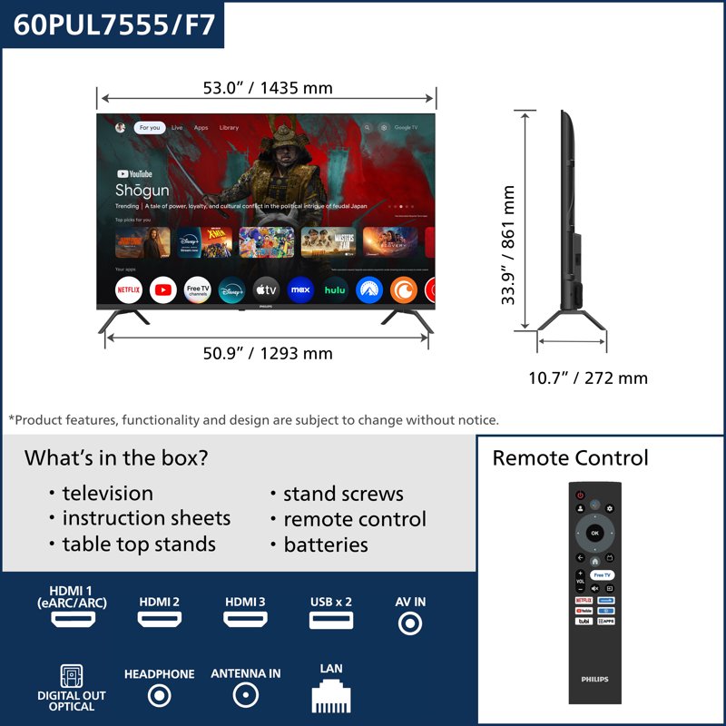 Philips 60" Class 4K Ultra HD (2160p) Google Smart LED TV (60PUL7555/F7) display and camera view