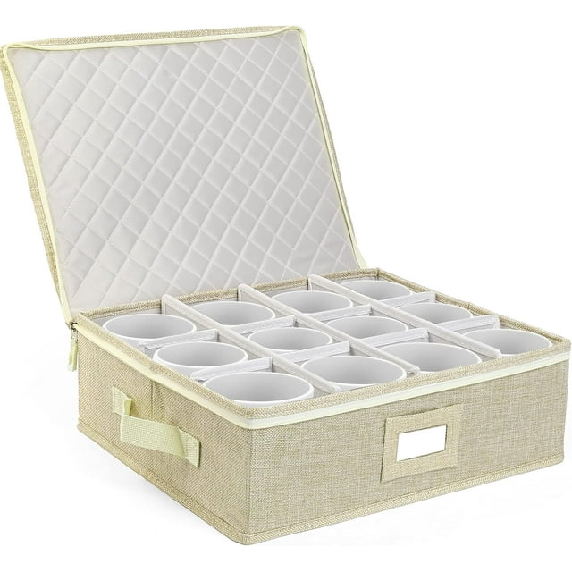 Cup and Mug Storage Container Hard Shell China Coffee Mug Storage Box for Moving with Dividers Handles Holds Tea Cups