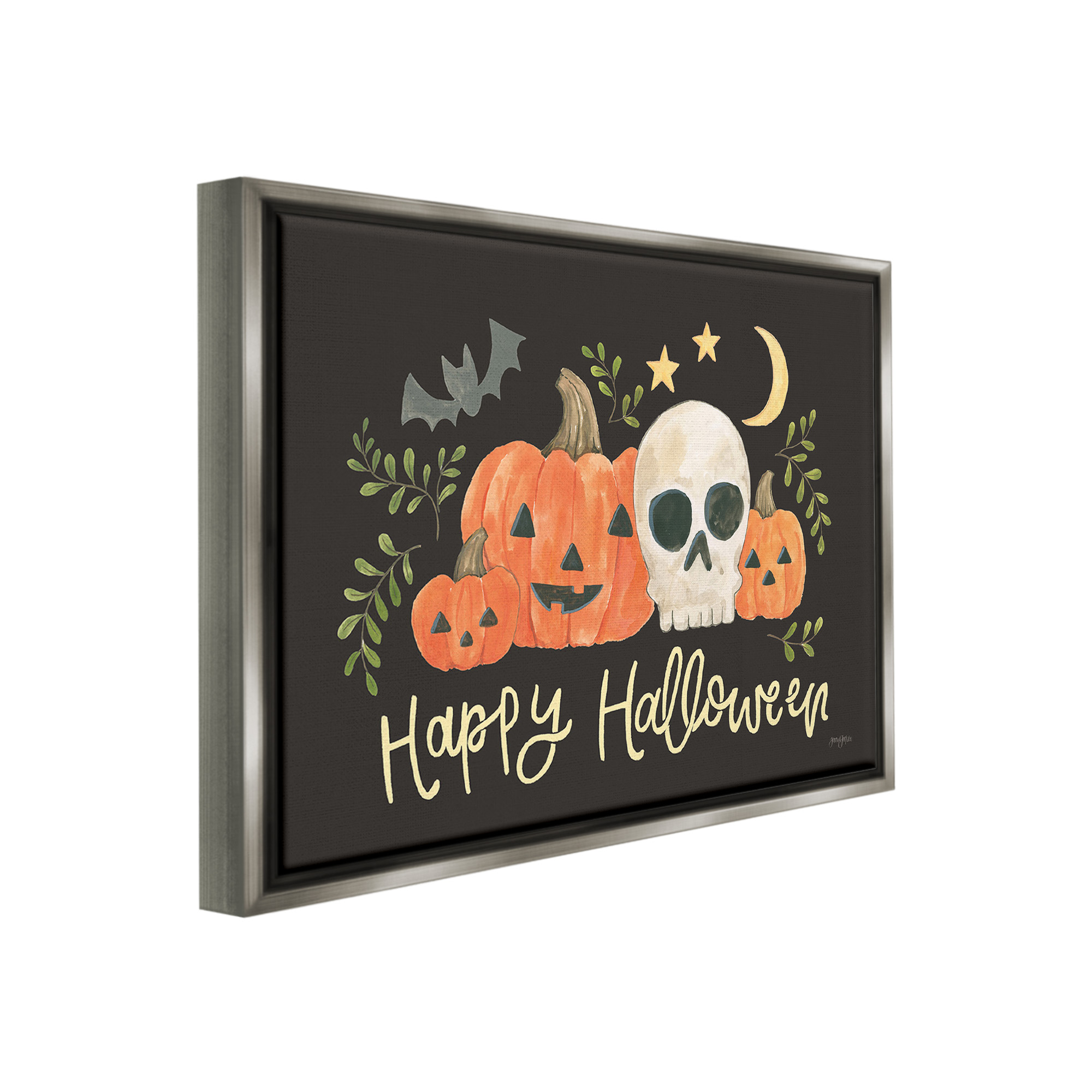 Stupell Industries Whimsical Happy Halloween Holiday Painting Gray Floater Framed Canvas Art Print Wall Art, 31 x 25