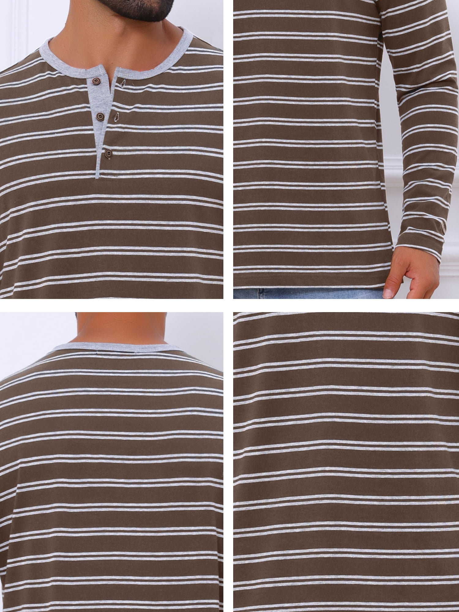 DARING DIVA Men's Long Sleeve Contrasting Colors Striped Henley T-Shirt XL Dark Brown