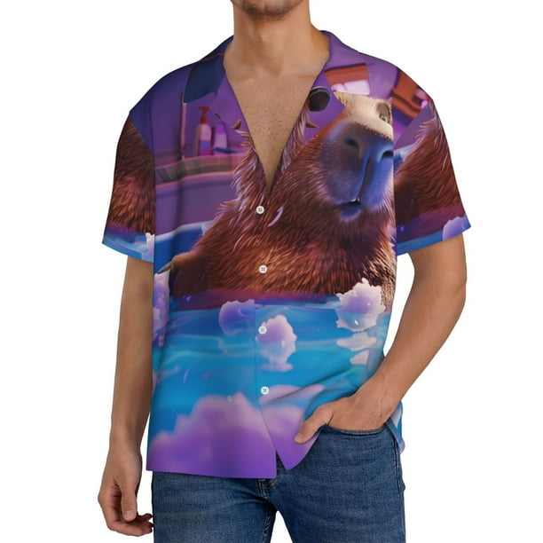 Fotbe Capybara Bathtub Fun Camisa Estampada de Manga Corta para Hombre, Casual de Verano, Estilo Playero, Sin Arrugas-3X-Large