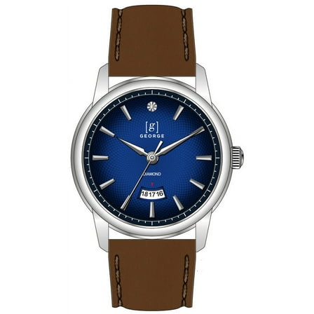 George Men's 41mm Silver Tone Textured Blue Dial Genuine Diamond Strap Watch
