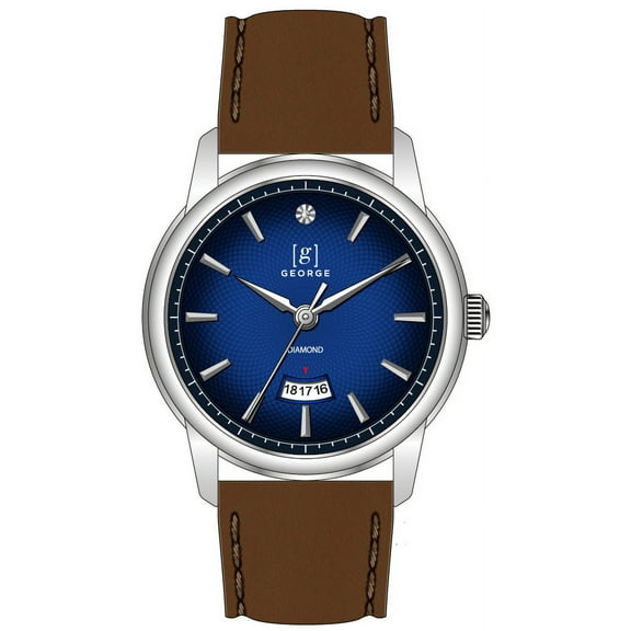 George Men's 41mm Silver Tone Textured Blue Dial Genuine Diamond Strap Watch