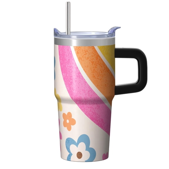 Butterfly 20oz Stainless Steel Tumbler with Handle and Straw – Insulated Travel Cup with Sliding Lid, 360° Full Wrap Printed Mug for Home, Outdoor & Sports Use, Spring
