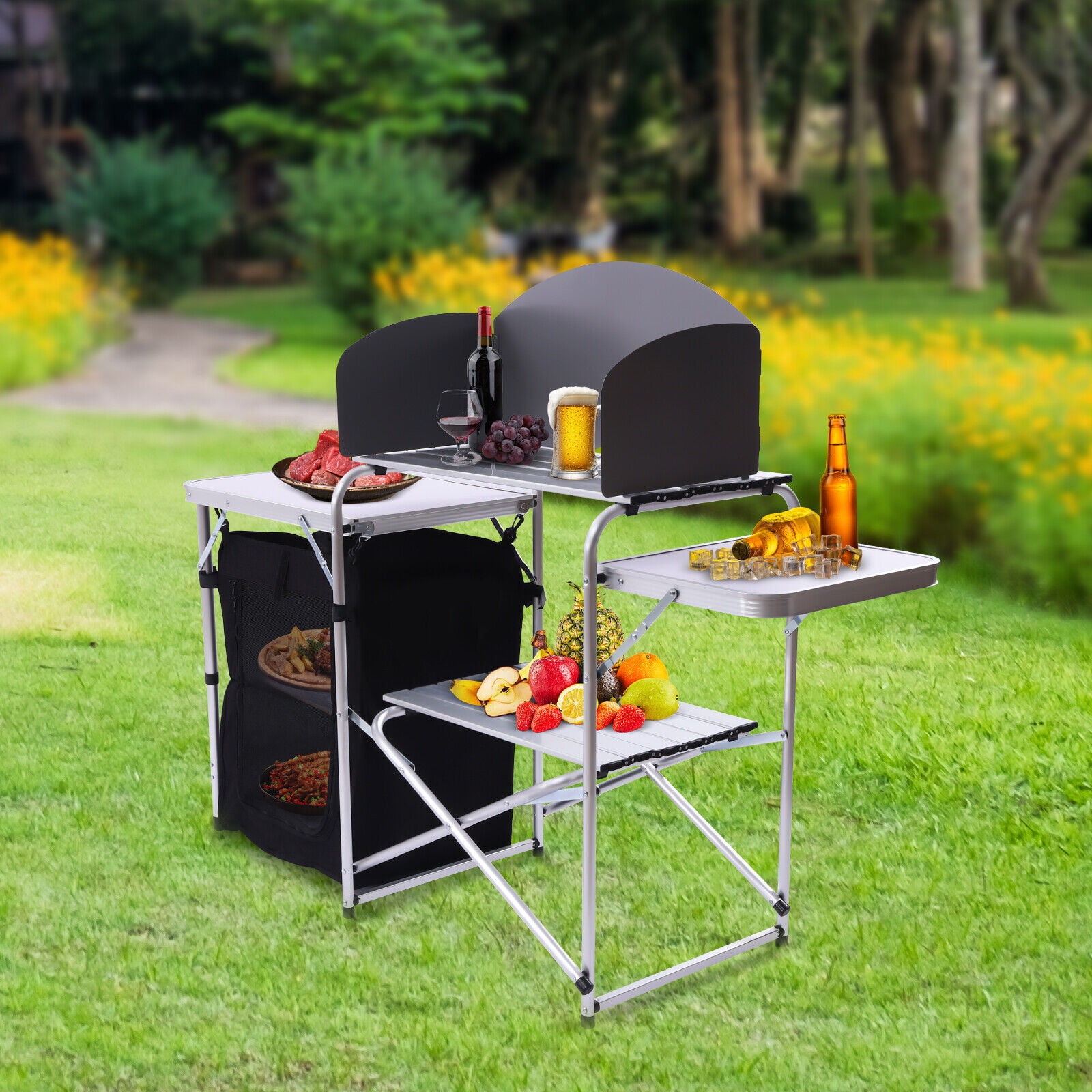 Camping Kitchen Table, Portable Outdoor Cooking Table with Storage, 26''  Tabletop, Detachable Windscreen, Camp Cook Station, Folding Grill Table for  T