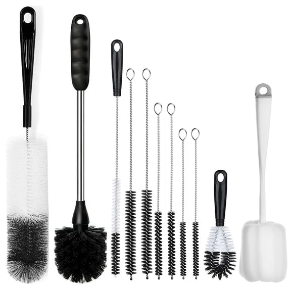 11-Pack Bottle Cleaning Brush Set - Long Handle Bottle Cleaner for Washing Narrow Wine/Beer Bottles, Thermos, HydroFlask Tumbler, Sports Water Bottles, Kettle/Lid Brush, Straw Brush Black