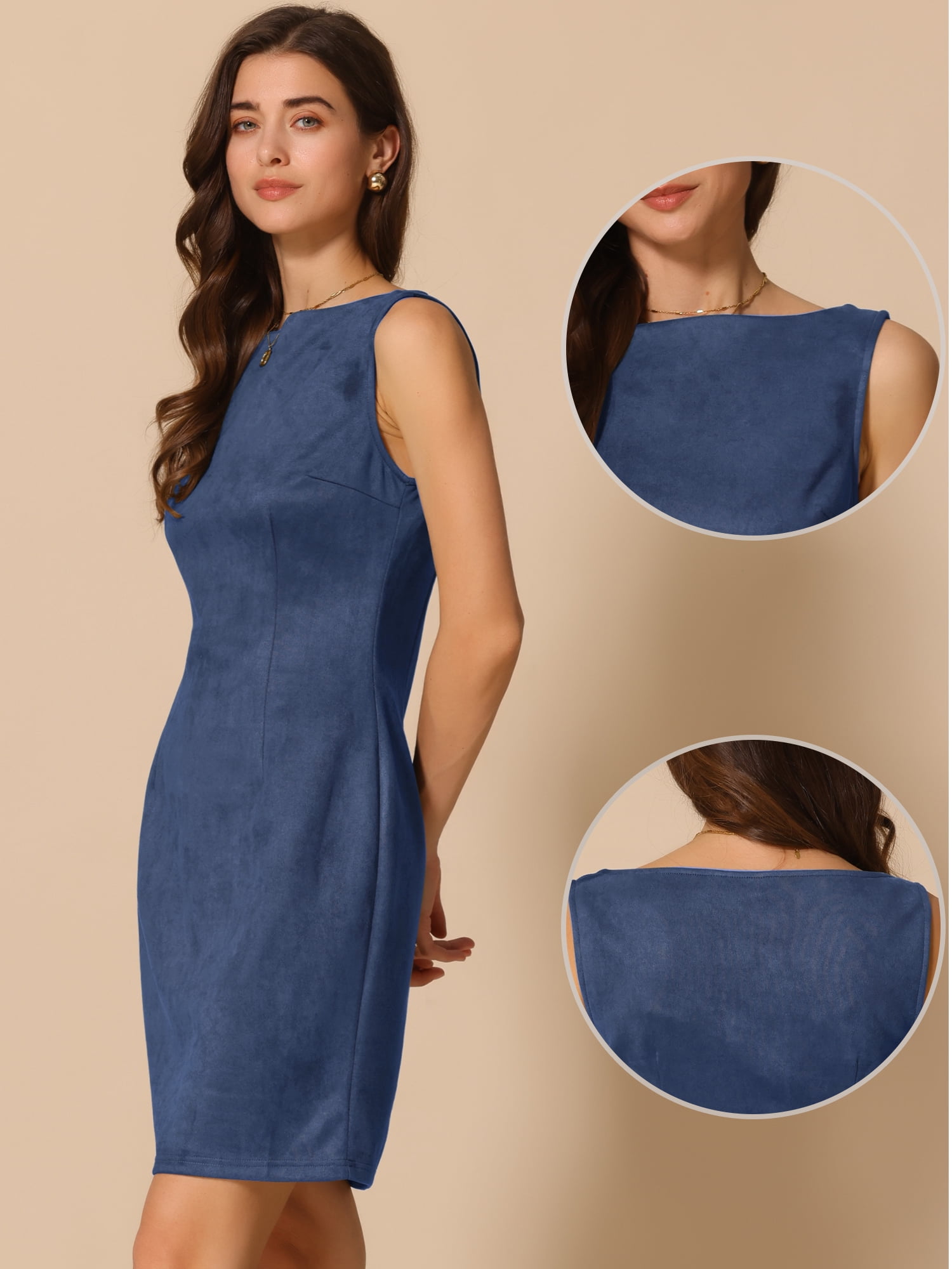 DARING DIVA Faux Suede Boat Neck Sleeveless Sheath Dress Medium Dark Blue