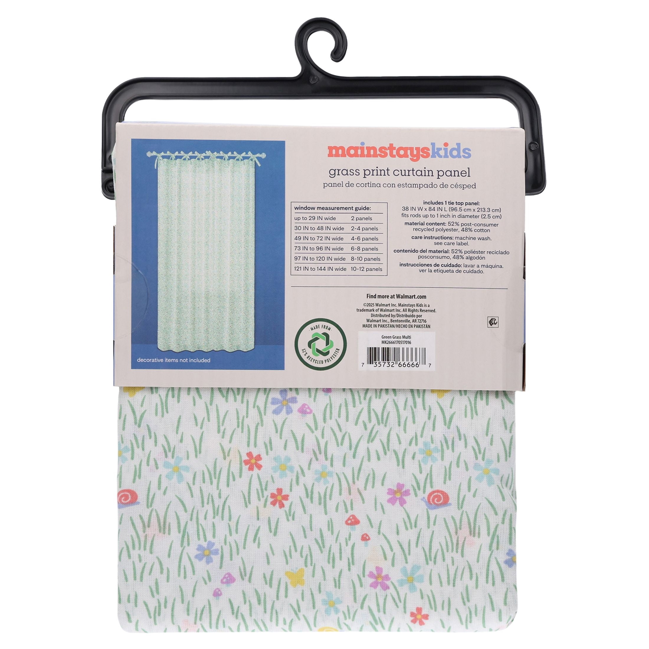 Mainstays Kids Meadow Print Light Filtering Tie Top Single Curtain Panel, 38 in W x 84 in L