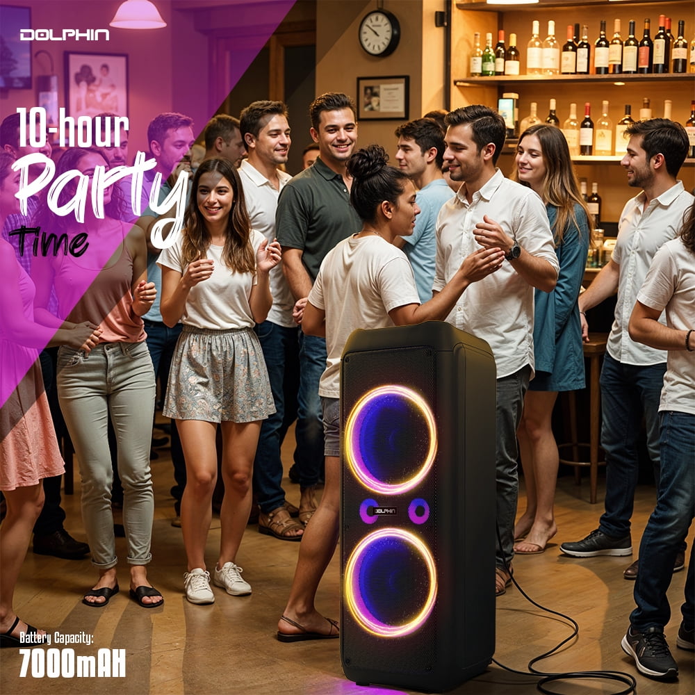Dolphin SP-1270RBT Dual 12-Inch Premium Party Bluetooth Speaker, Bluetooth/USB/SD/FM/AUX, X-Bass, 5-Band EQ, LED Display, Quad Ring Lights