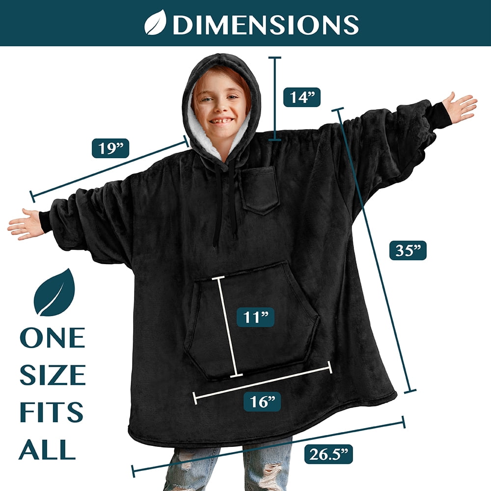 PAVILIA Wearable Blanket Sweatshirt for Kids Boy Girl Black, Warm Cozy Giant Blanket Hoodie, Fleece Sherpa Oversized Blanket Sweatshirt with Sleeves, Big Pocket, Christmas Gift