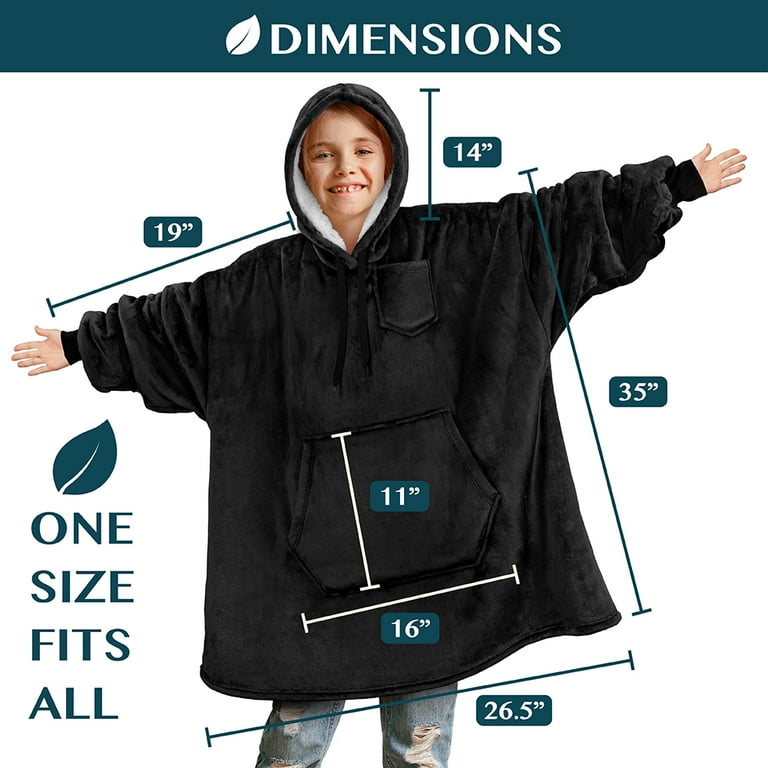 PAVILIA Wearable Blanket Sweatshirt for Kids Boy Girl Black Warm Cozy Giant Blanket Hoodie Fleece Sherpa Oversized Blanket Sweatshirt with Sleeves