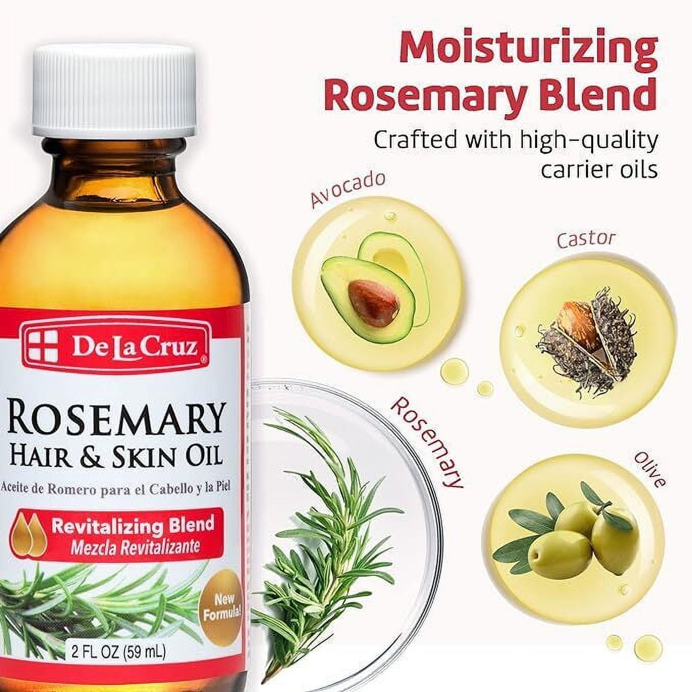 De La Cruz Rosemary Hair & Skin Oil - Revitalizing Moisturizer, Natural Blend with Castor Oil - 2 fl oz