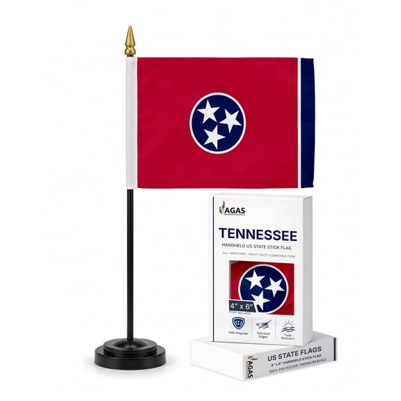 AGAS Tennessee Stick Flag 4x6 Inch with 11 inch Plastic Pole - Printed Polyester - State of Tennessee Small Flag on Stick