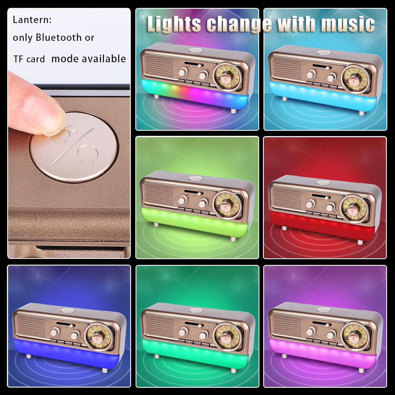MUSICOZY Retro Portable Radio AM FM SW Shortwave Radio with Colorful Ambient Light, Vintage Bluetooth Music Player Battery Operated, Retro Sound Machine, SUB Charging, TF Card