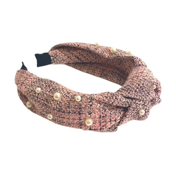 Pink Tweed Knotted Headband with Pearl Embellishments
