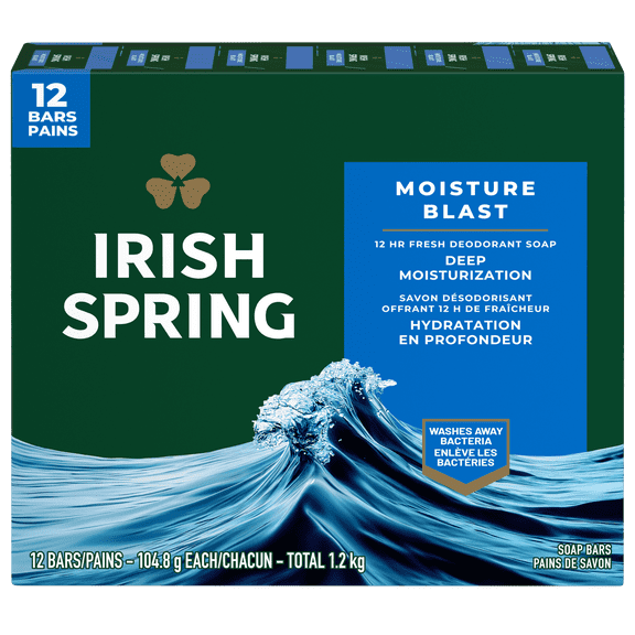Irish Spring Moisture Blast, Moisturizing Bar Soap, 3.7 Ounce, 12 Bar Pack