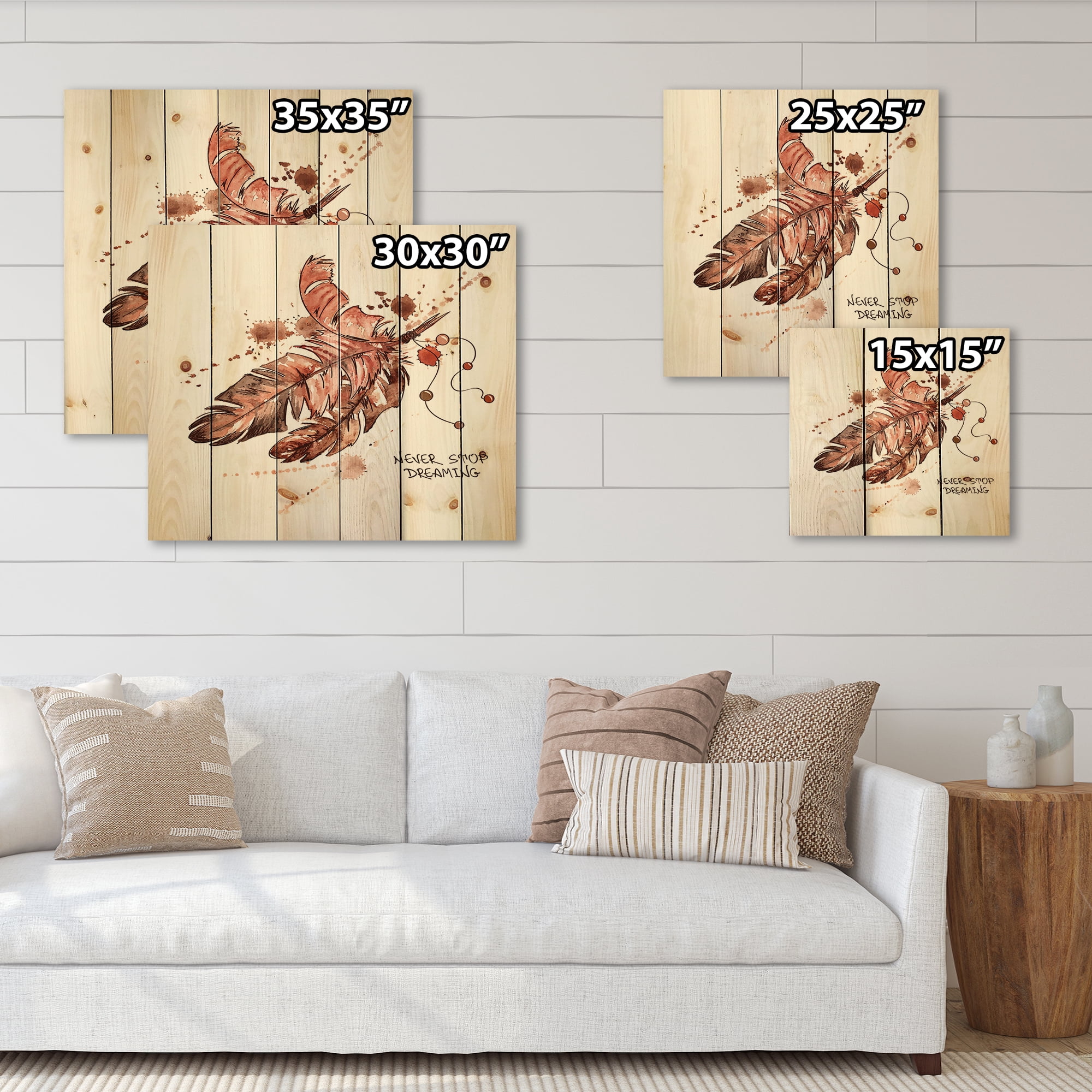 Designart 'Bird Feathers In Earth Tones Never Stop Dreaming' Bohemian & Eclectic Print on Natural Pine Wood