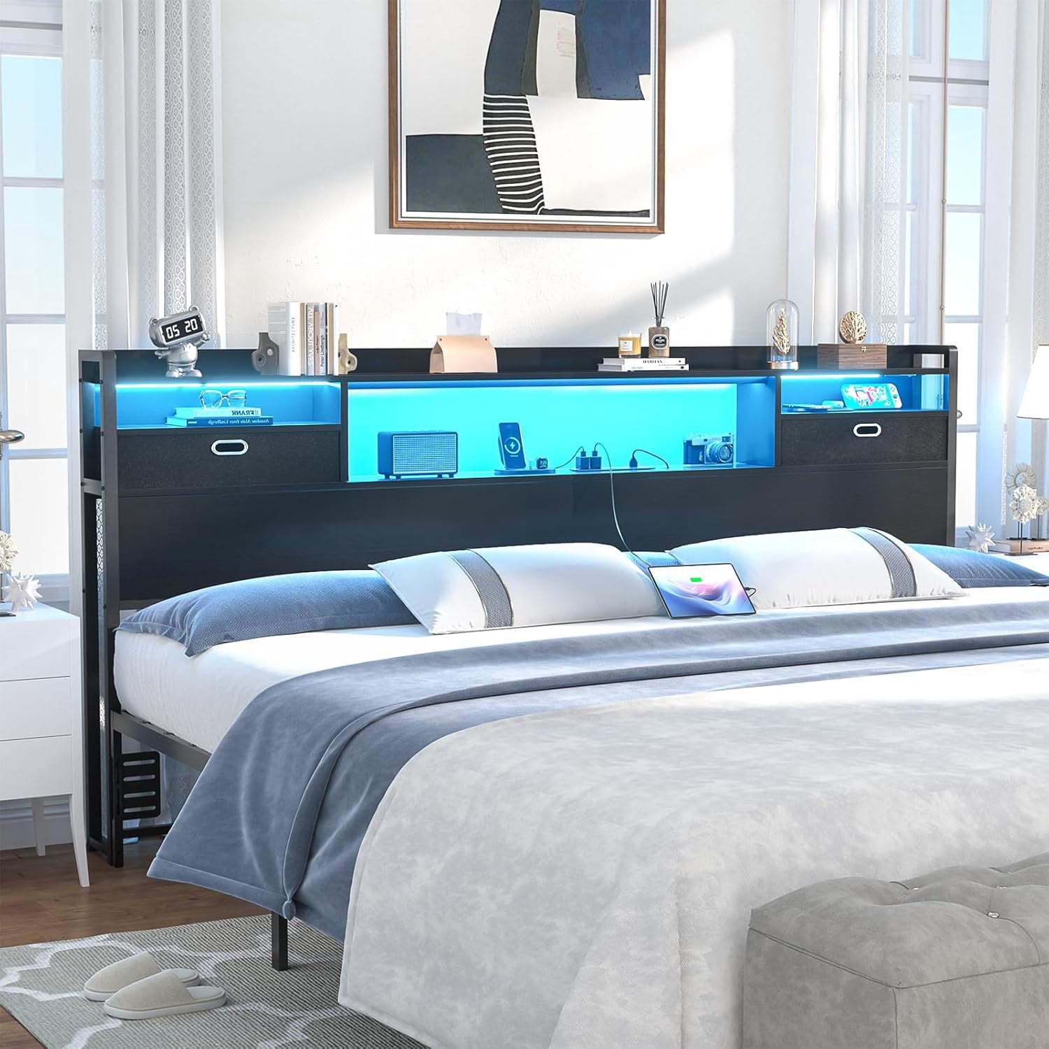Homieasy King Headboard with Drawer Storage and LED Light, Wood Headboard for King Size Bed with Power Outlet and Bookcase, Sturdy Head Board for Bedroom, Dorm Room, Guest Room, Black