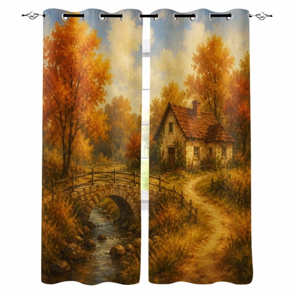 Fall Country Blackout Curtains for Bedroom Living Room, Forest Golden Orange Maple Trees River Valley Path 45 In Long Thermal Insulated Room Darkening Drapes Grommet Window Treatments, 52 x 45 In