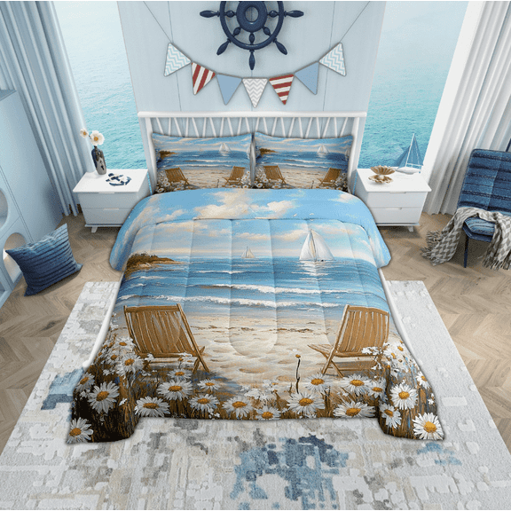 Erosebridal Summer Beach Bedding Twin Comforter Set, Groovy Flower Down Comforter, Sailboat Marine Reversible Comforters & Duvets, Ultra Soft Bedroom Decor, 2pcs