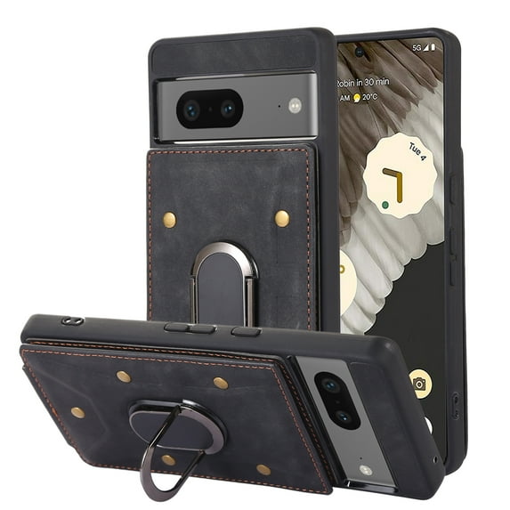 ELEHOLD for Google Pixel 7 Leather Wallet Case,with Card Slots Holders Ring Stand Magnetic Buckle Kickstand Function Shockproof Purse Case, Black