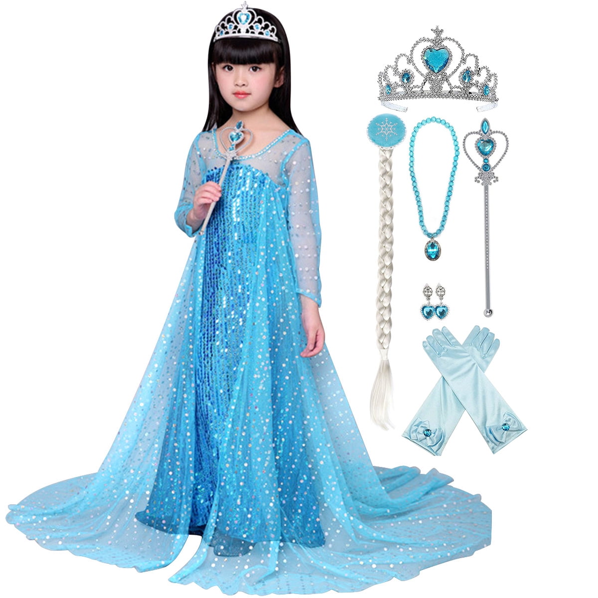 Girls Princess Fancy Costume Dress in ICY Blue with Accessories