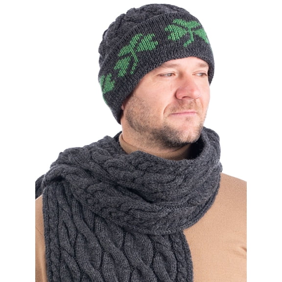 SAOL Irish Aran Shamrock Knitted Hat 100% Premium Soft Merino Wool Men`s Warm Beanie Cap from Ireland