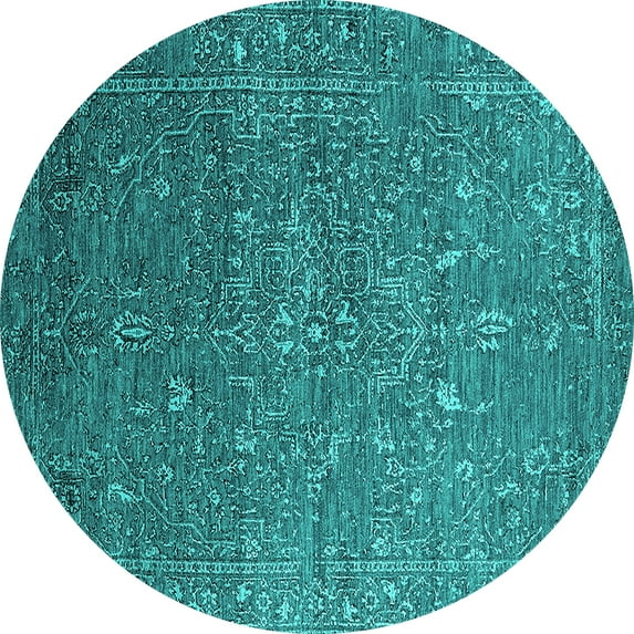 Ahgly Company Machine Washable Indoor Round Oriental Turquoise Blue Industrial Area Rugs, 3' Round